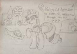 Size: 2182x1534 | Tagged: safe, opalescence, rarity, pony, unicorn, hat, magic, monochrome, picture, this will end in tears, traditional art, window