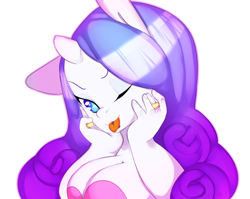 Size: 1280x1021 | Tagged: safe, artist:tesuai, rarity, anthro, breasts, cleavage, female, raritits, solo, wink