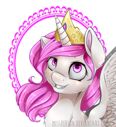 Size: 450x491 | Tagged: safe, artist:missperson, princess celestia, alicorn, pony, bust, cewestia, chest fluff, filly, grin, looking up, portrait, solo