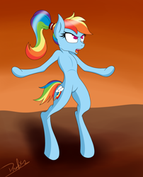 Size: 1700x2100 | Tagged: safe, artist:drakxs, derpibooru import, rainbow dash, pegasus, pony, semi-anthro, alternate hairstyle, bipedal, come at me bro, ponytail, skinny