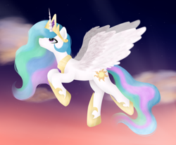 Size: 840x694 | Tagged: safe, artist:madeline13trent, princess celestia, alicorn, pony, female, flying, horn, mare, multicolored mane, solo, white coat