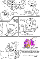 Size: 1042x1523 | Tagged: safe, artist:write-animate-design, pinkie pie, rarity, earth pony, pony, unicorn, anotherponyhorseshoe, blenderguy, book, clothes, comic book, dress