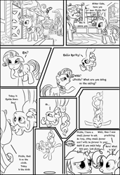 Size: 1040x1522 | Tagged: safe, artist:write-animate-design, pinkie pie, rarity, earth pony, pony, unicorn, anotherponyhorseshoe, blenderguy, comic book, monochrome