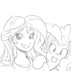 Size: 500x500 | Tagged: dead source, safe, artist:reiduran, pinkie pie, sunset shimmer, earth pony, human, pony, equestria girls, duo, grin, looking at you, monochrome, sketch, smiling