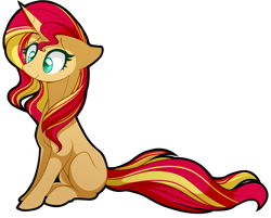 Size: 1209x972 | Tagged: safe, artist:uunicornicc, sunset shimmer, pony, unicorn, colored pupils, female, floppy ears, mare, missing cutie mark, simple background, sitting, smiling, solo, transparent background