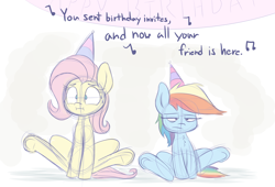 Size: 2200x1500 | Tagged: safe, artist:heir-of-rick, derpibooru import, fluttershy, rainbow dash, pegasus, pony, birthday, cute, female, filly, filly fluttershy, filly rainbow dash, hat, mare, ninja sex party, party hat, singing, unamused, younger