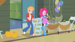 Size: 1366x768 | Tagged: safe, screencap, big macintosh, pinkie pie, equestria girls, apple cider, balloon, boots, bracelet, cider, corn, cornucopia, food, grapes, high heel boots, jewelry, pinkie being pinkie, prehensile mane, pumpkin