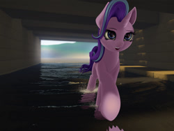 Size: 2400x1800 | Tagged: safe, artist:styroponyworks, starlight glimmer, pony, unicorn, 3d, blender, bridge, female, mare, open mouth, sunlight, walking, water