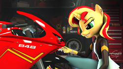 Size: 7680x4320 | Tagged: safe, artist:calveen, sunset shimmer, anthro, plantigrade anthro, unicorn, equestria girls, 3d, absurd resolution, box, clothes, dress, ducati, ear piercing, female, garage, jacket, jeans, leather jacket, mare, motorcycle, pants, piercing, shelf, smiling, solo, source filmmaker, toolbox, wallpaper, watch, wheel