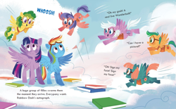 Size: 1739x1080 | Tagged: safe, artist:zoe persico, derpibooru import, rainbow dash, twilight sparkle, twilight sparkle (alicorn), alicorn, pegasus, pony, book, cloud, female, filly, flight camp, flying, junior speedsters, little golden book, on a cloud, rainbow dash: reading rainboom