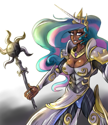 Size: 1300x1500 | Tagged: safe, artist:damaximos, princess celestia, human, armor, breasts, cleavage, dark skin, female, humanized, princess breastia, warrior celestia, weapon