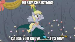 Size: 894x499 | Tagged: safe, edit, edited screencap, screencap, derpy hooves, pegasus, pony, a hearth's warming tail, christmas tree, derpy star, discovery family logo, female, image macro, mare, meme, solo, tree