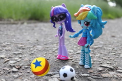 Size: 883x589 | Tagged: safe, artist:artofmagicpoland, derpibooru import, edit, rainbow dash, sci-twi, twilight sparkle, better together, equestria girls, ball, blue's clues, clothes, doll, equestria girls minis, irl, link in source, luxo ball, photo, swimsuit, toy, wondercolts uniform