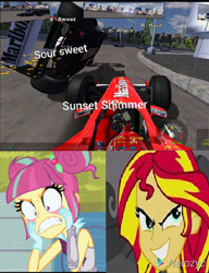 Size: 560x729 | Tagged: safe, sour sweet, sunset shimmer, equestria girls, ferrari, formula 1, rage, wrong aspect ratio