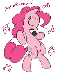 Size: 939x1200 | Tagged: safe, artist:mickeymonster, pinkie pie, pony, bipedal, disturbia, eyes closed, microphone, music notes, rihanna, singing, sketch, solo