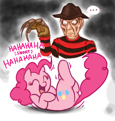 Size: 949x1000 | Tagged: safe, artist:mickeymonster, pinkie pie, earth pony, pony, ..., angry, crossover, epic fail, fail, failure, freddy krueger, giggling, happy, laughing, laughter song, slasher, snorting