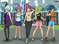 Size: 3000x2250 | Tagged: safe, artist:banquo0, indigo zap, lemon zest, sour sweet, sugarcoat, sunny flare, equestria girls, friendship games, alternate costumes, clothes, converse, crystal prep shadowbolts, female, glasses, headphones, human coloration, leggings, midriff, miniskirt, shadow five, shoes, shorts, skirt, tanktop