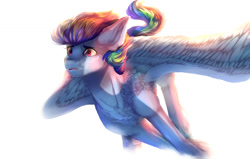 Size: 1024x653 | Tagged: safe, artist:cups-art, derpibooru import, rainbow dash, pegasus, pony, feather, female, mare, running, simple background, solo, spread wings, white background, wings