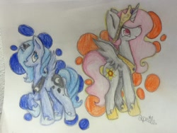 Size: 960x720 | Tagged: safe, artist:whirlwindstark, princess celestia, princess luna, alicorn, pony, raised hoof, s1 luna, spread wings, traditional art