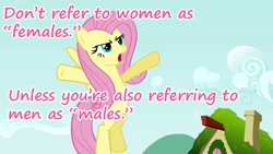 Size: 640x360 | Tagged: safe, fluttershy, pegasus, pony, troll, caption, feminist ponies, mouthpiece, public service announcement, social justice warrior, solo