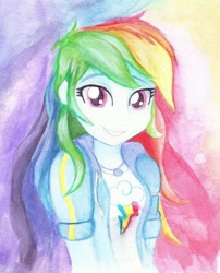 Size: 730x904 | Tagged: safe, artist:astevenamedwolf, derpibooru import, rainbow dash, better together, equestria girls, beautiful, female, geode of super speed, looking at you, magical geodes, solo, traditional art