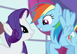 Size: 1020x720 | Tagged: safe, derpibooru import, screencap, rainbow dash, rarity, pegasus, pony, unicorn, rarity investigates, cropped, eyes on the prize, looking at each other, smiling