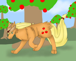 Size: 1280x1024 | Tagged: safe, artist:shinkou-san, applejack, wolf, apple tree, solo, species swap