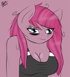 Size: 995x1089 | Tagged: safe, artist:ensayne, pinkie pie, anthro, bags under eyes, cleavage, female, grumpy, pinkamena diane pie, solo