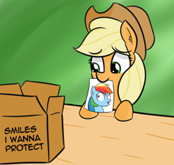 Size: 1736x1637 | Tagged: safe, artist:artiks, derpibooru import, applejack, rainbow dash, earth pony, pegasus, pony, appledash, box, cute, female, lesbian, mare, meme, mouth hold, paper, shipping, smiles i wanna protect, solo, table