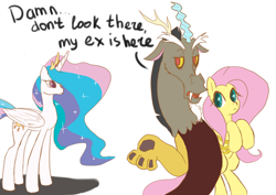 Size: 1000x707 | Tagged: safe, artist:murzik-teijiro, discord, fluttershy, princess celestia, alicorn, pegasus, pony, carrying, discoshy, female, frown, hair over one eye, male, open mouth, shipping, simple background, straight, unamused, white background