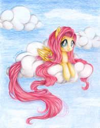 Size: 2759x3522 | Tagged: safe, artist:vird-gi, fluttershy, pegasus, pony, cloud, cloudy, long tail, looking at you, lying, smiling, solo, traditional art