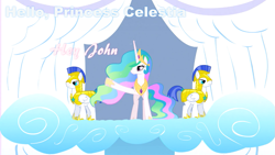 Size: 925x520 | Tagged: safe, princess celestia, alicorn, pony, hello, john, royal guard, text, waving