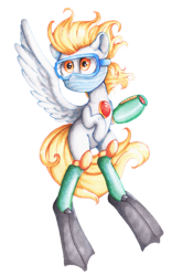 Size: 1673x2689 | Tagged: safe, artist:rizzych, derpy hooves, pegasus, pony, bubbleman, crossover, female, mare, megaman, megamare, simple background, solo, traditional art