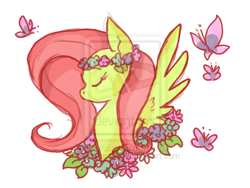 Size: 600x450 | Tagged: safe, artist:metamorro, fluttershy, butterfly, pegasus, pony, eyes closed, floral head wreath, flower, solo, watermark