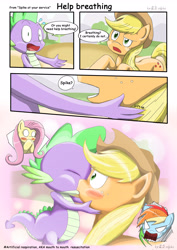 Size: 3508x4961 | Tagged: safe, artist:od20plus, derpibooru import, applejack, fluttershy, rainbow dash, spike, dragon, earth pony, pegasus, pony, spike at your service, angry, applespike, blushing, comic, eyes closed, female, kissing, male, open mouth, puffy cheeks, raised eyebrow, shipping, shocked, straight, surprise kiss, wide eyes