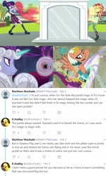 Size: 2048x3414 | Tagged: safe, edit, edited screencap, screencap, adagio dazzle, aria blaze, sci-twi, somnambula, sonata dusk, star swirl the bearded, sunset shimmer, twilight sparkle, siren, equestria girls, friendship games, rainbow rocks, shadow play, canterlot high, flying, katrina hadley, magic capture device, meta, portal, text, the dazzlings, twitter