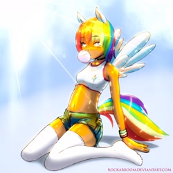 Size: 1971x1971 | Tagged: safe, artist:rockarboom, derpibooru import, rainbow dash, human, bubblegum, clothes, dark skin, eared humanization, female, food, gum, humanized, shorts, socks, solo, tailed humanization, winged humanization, wings