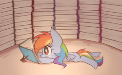 Size: 1300x800 | Tagged: safe, artist:joycall6, derpibooru import, rainbow dash, pegasus, pony, book, book fort, solo