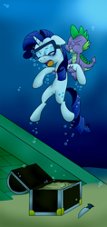 Size: 1600x3400 | Tagged: safe, artist:uwdr-64, rarity, spike, dragon, pony, unicorn, air bubble, bubble, drowning, female, holding breath, male, mare, rescue, sand, treasure chest, underwater