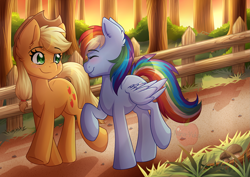 Size: 3507x2480 | Tagged: safe, artist:nana-yuka, derpibooru import, applejack, rainbow dash, earth pony, pegasus, pony, appledash, blushing, eyes closed, female, freckles, grass, hat, lesbian, looking at each other, mare, shipping