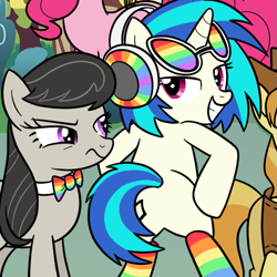 Size: 567x567 | Tagged: safe, artist:drawponies, braeburn, dj pon-3, octavia melody, pinkie pie, vinyl scratch, earth pony, pony, bowtie, butt shake, clothes, grin, looking back, plot, rainbow socks, smiling, socks, stockings, striped socks, unamused, wip