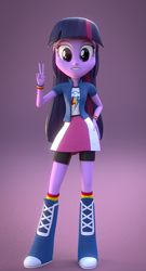 Size: 700x1300 | Tagged: safe, artist:creatorofpony, derpibooru import, rainbow dash, twilight sparkle, equestria girls, /mlp/, 3d, 3d model, blender, boots, clothes, clothes swap, compression shorts, looking at you, peace sign, shirt, skirt, smiling, solo, wristband