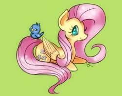 Size: 1100x864 | Tagged: safe, artist:chiuuchiuu, fluttershy, bird, pegasus, pony, chick, looking at you, prone, smiling, solo