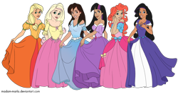 Size: 2816x1500 | Tagged: safe, artist:karmadash, artist:madam-marla, derpibooru import, applejack, fluttershy, pinkie pie, rainbow dash, rarity, twilight sparkle, human, disney princess, humanized, lineart re-colour, mane six