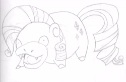 Size: 5148x3382 | Tagged: safe, artist:barryfrommars, rarity, female, grayscale, monochrome, open mouth, pencil drawing, pokefied, pokémon, sketch, slowpoke (pokémon), solo, species swap, traditional art