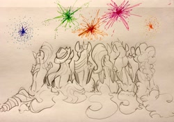 Size: 1280x903 | Tagged: safe, artist:greyscaleart, derpibooru import, applejack, fluttershy, pinkie pie, rainbow dash, rarity, twilight sparkle, twilight sparkle (alicorn), alicorn, earth pony, pegasus, pony, unicorn, female, fireworks, mane six, mare, monochrome, neo noir, partial color, rear view, sitting, traditional art