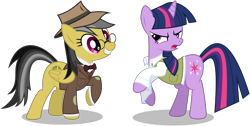 Size: 6000x3014 | Tagged: safe, artist:masem, derpibooru import, daring do, twilight sparkle, absurd resolution, clothes, costume, glasses, indiana jones, simple background, transparent background, vector