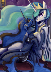 Size: 2507x3541 | Tagged: safe, artist:caindra, princess celestia, princess luna, alicorn, pony, semi-anthro, armpits, high res, looking at you, painting, sitting