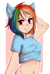Size: 784x1145 | Tagged: safe, artist:yukomaussi, derpibooru import, rainbow dash, human, arm behind head, belly button, bottomless, clothes, eared humanization, humanized, light skin, midriff, pony ears, solo