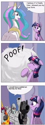 Size: 1703x4689 | Tagged: safe, artist:otakuap edit, princess celestia, twilight sparkle, twilight sparkle (alicorn), alicorn, pony, celestia's true form, character to character, comic, exploitable meme, female, hot rod, mare, megatron, meme, transformers